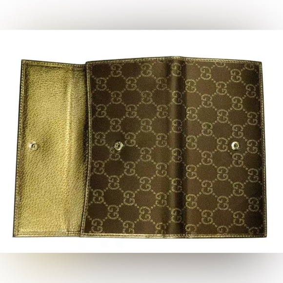 Gucci Princy Long Trifold Flap Wallet Gold Metallic and Brown GG Monogram Bow - Picture 6 of 17